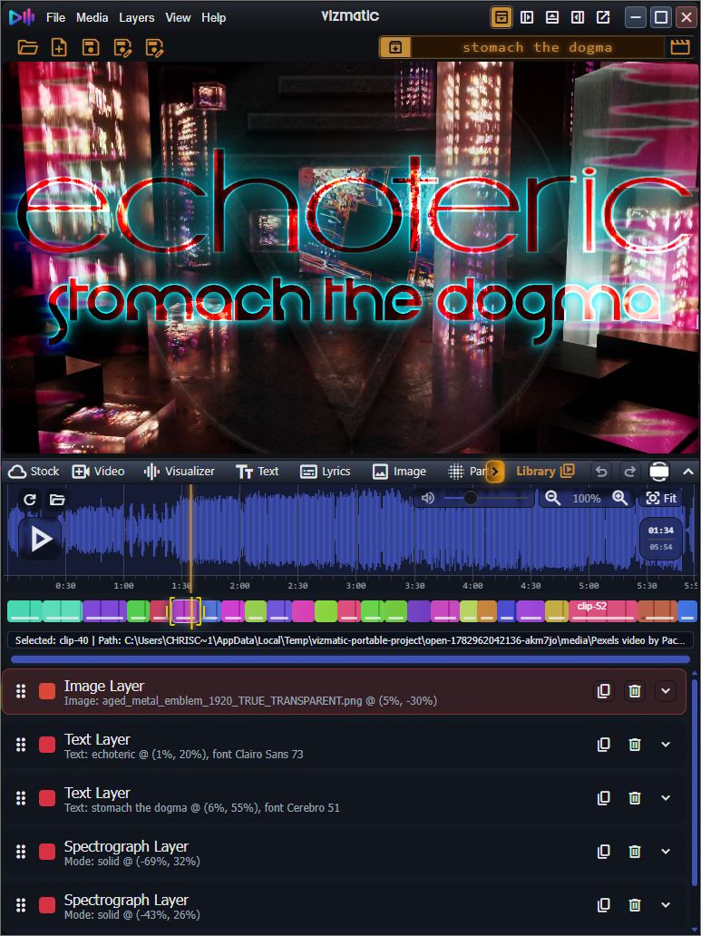 Vizmatic application interface with video preview, waveform, storyboard and layers